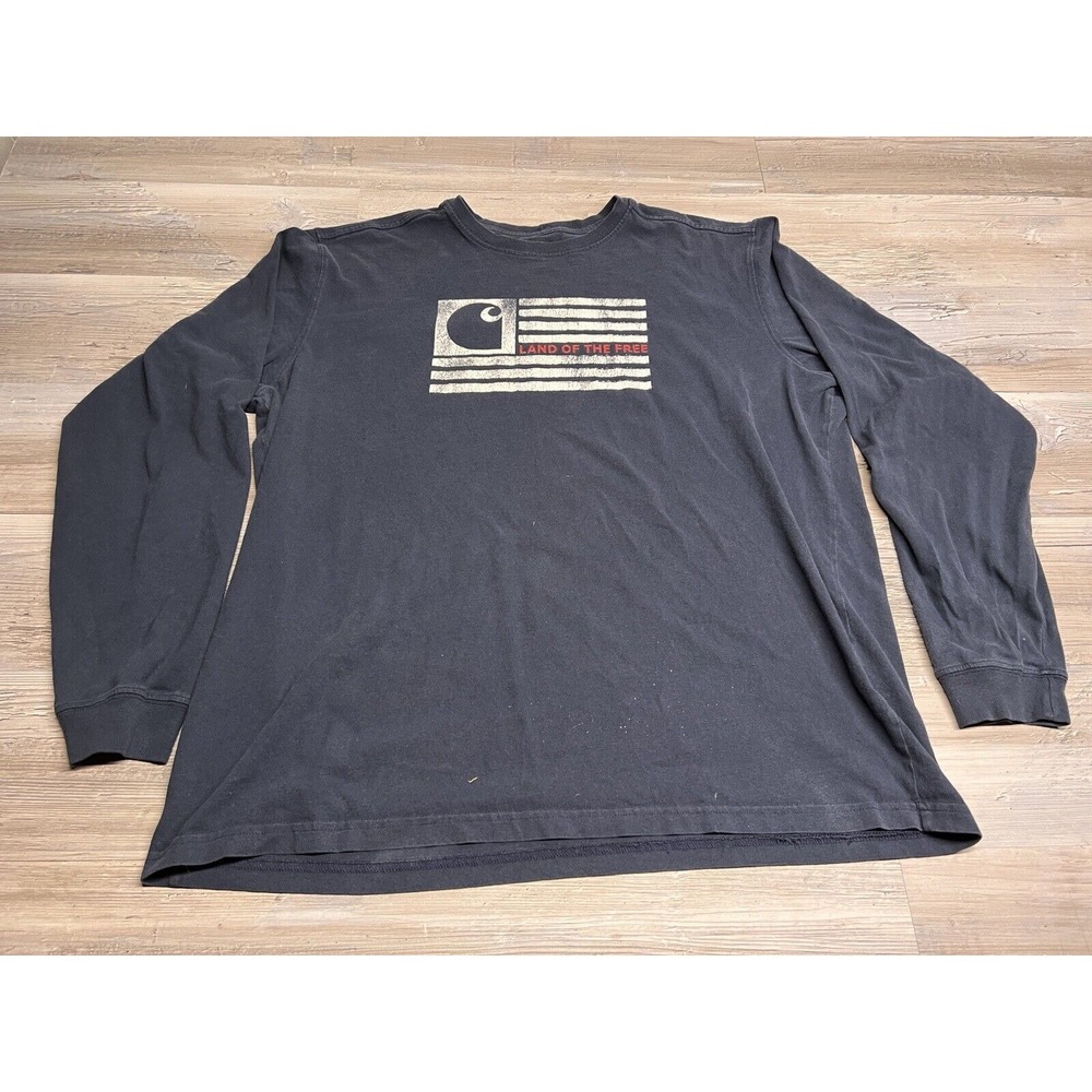 Carhartt American Flag T-Shirt Mens Size XL Faded Blue Relaxed Fit Land of Free